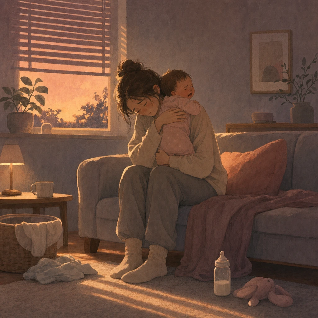 夕方の薄暗い部屋で泣く赤ちゃんを抱いて途方に暮れる母親