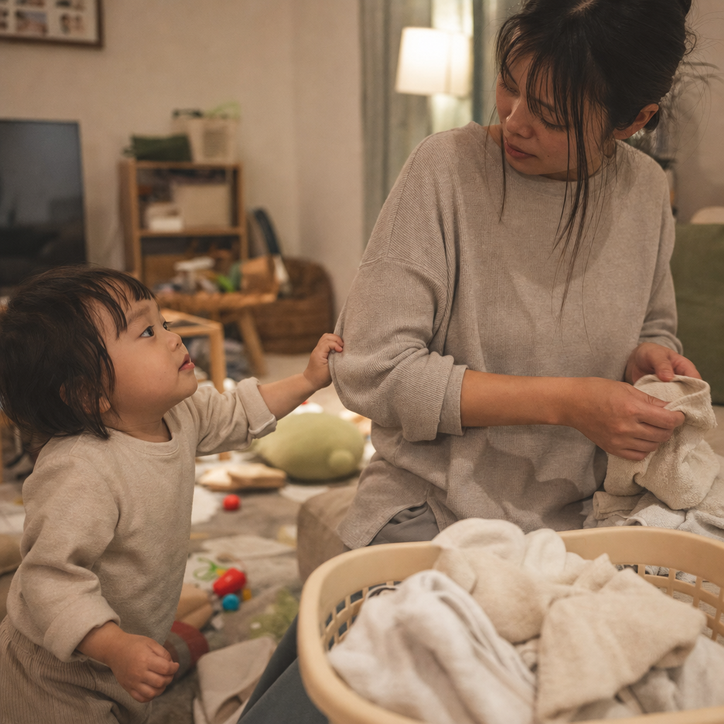 洗濯物を畳もうとする母親の袖を引っ張る子ども