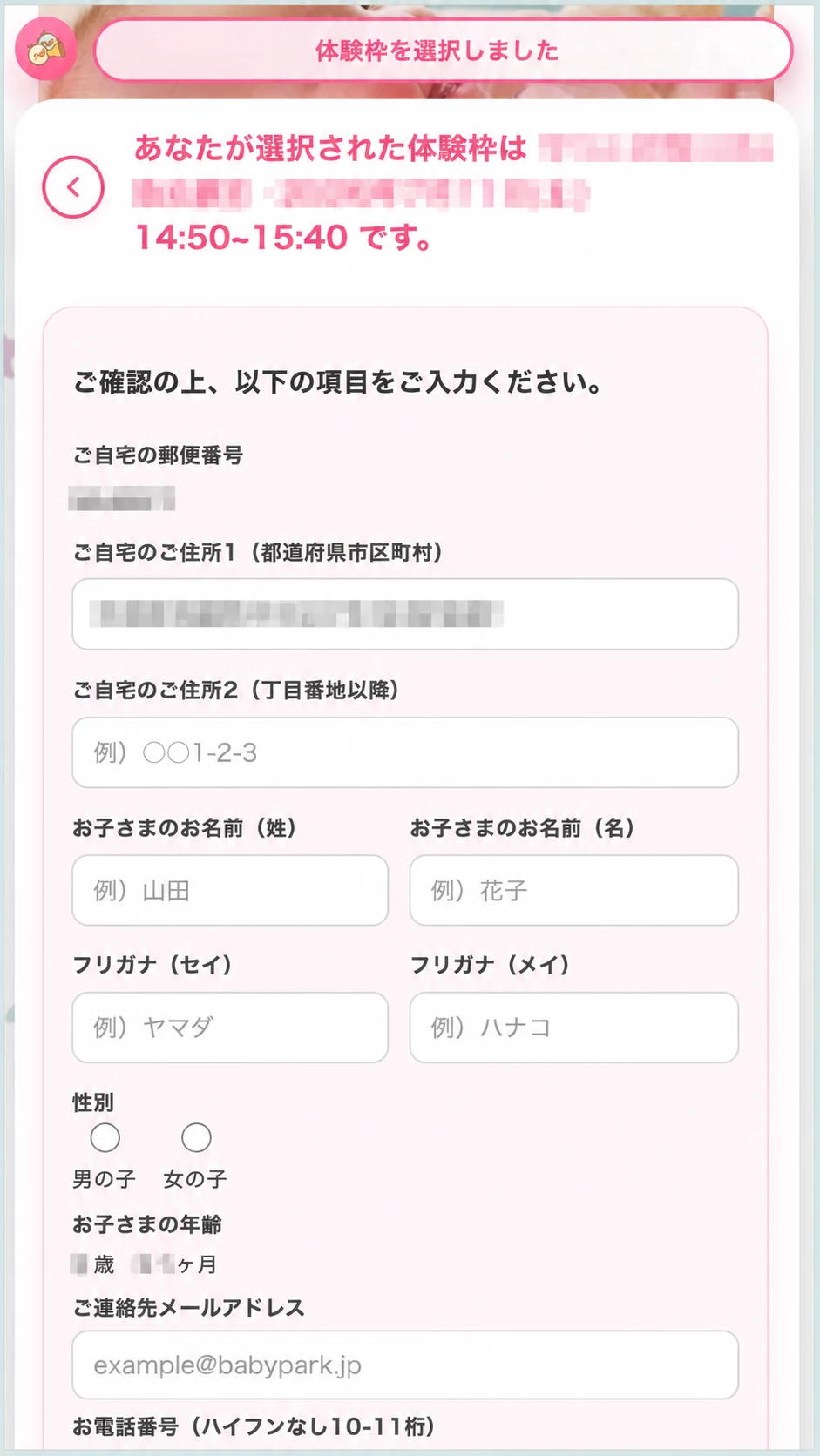体験枠を選択したあと、必要事項を入力する申込フォーム画面